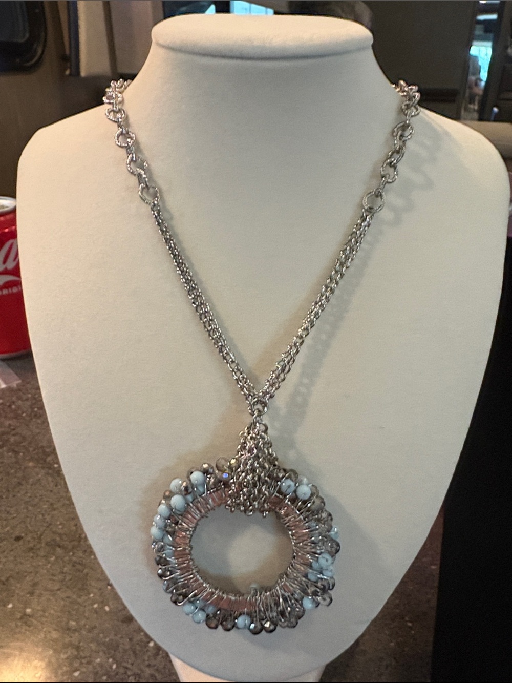 Silver-Tone Blue Bead Circle Pendant Necklace